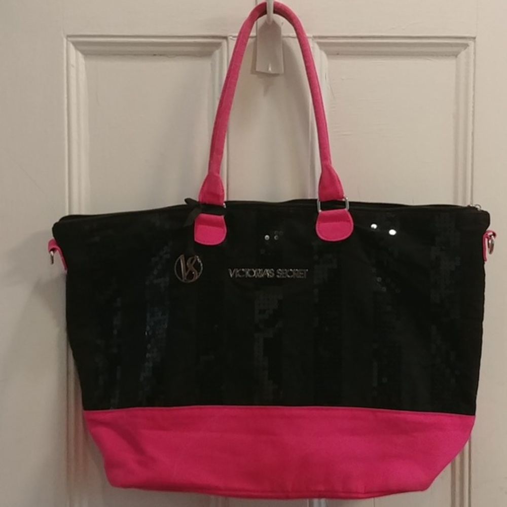 Victoria's Secret Tote Bag Pink and Black with Sequins